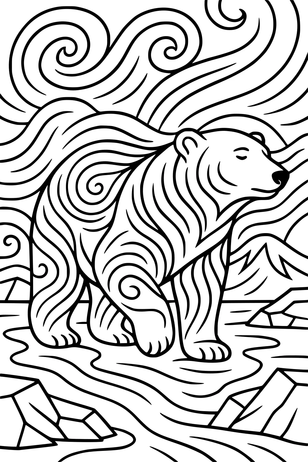 Polar bear with swirling fur patterns standing on ice surrounded by wind swirls and mountains in background.