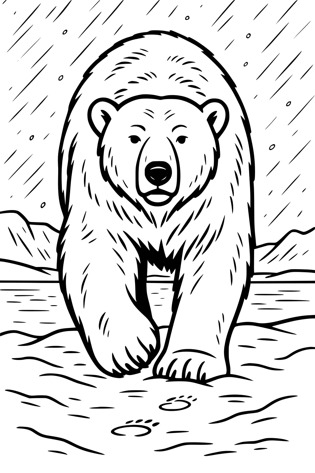 Polar bear with thick fur walking forward on snow, mountains and water behind, snow falling, large footprints in foreground.
