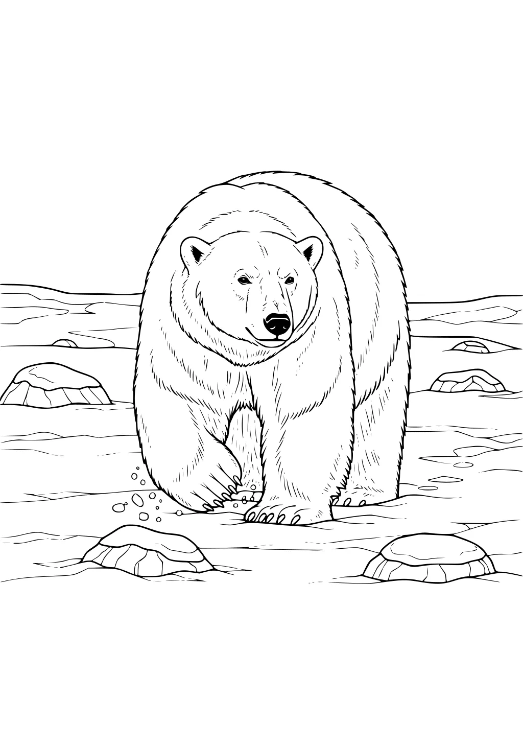 A large polar bear walks across snowy ice with scattered rocks in the background and detailed fur and paws visible.