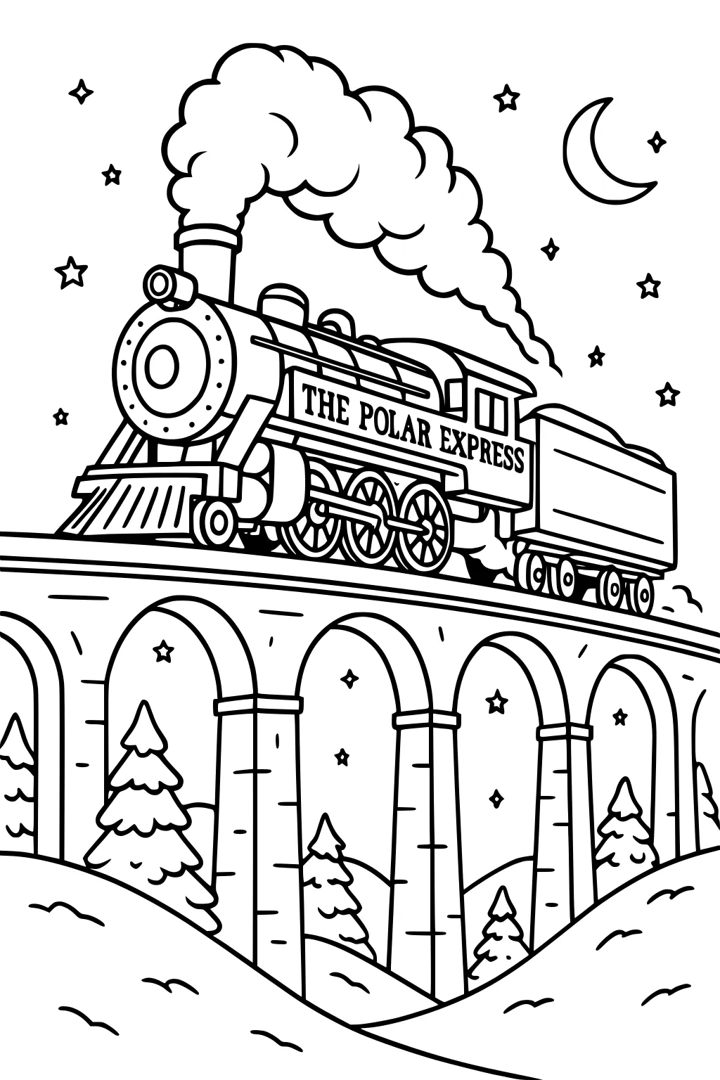 Polar Express steam locomotive on a high arched bridge at night, stars and crescent moon above, snowy hills and fir trees below.