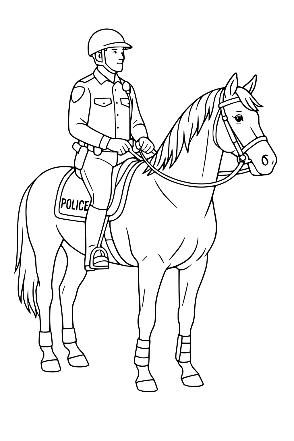 Police officer in uniform and helmet riding a horse with POLICE saddle, both facing forward and standing still.