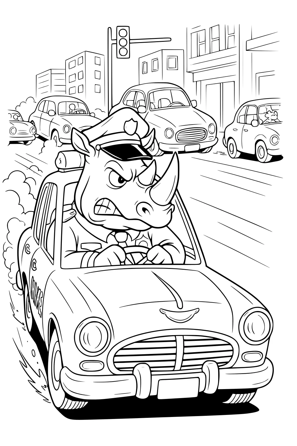 Rhinoceros police officer driving a speeding police car through city streets with other cars and buildings in the background.
