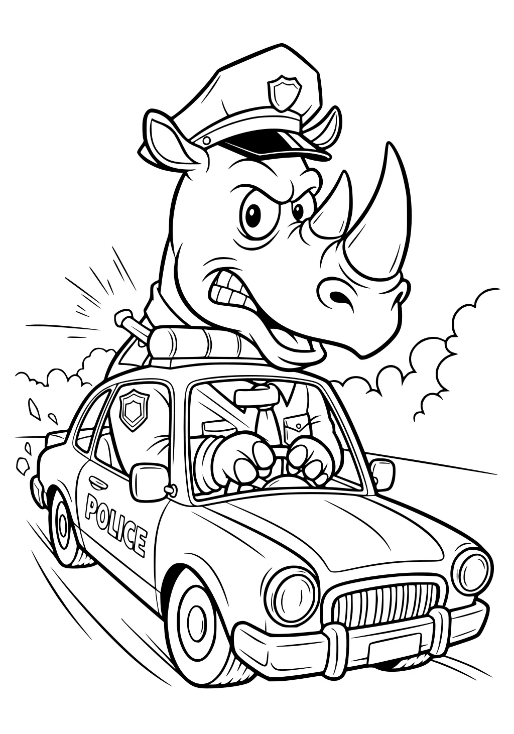 Cartoon rhinoceros police officer driving fast in a police car with a bold, determined face.