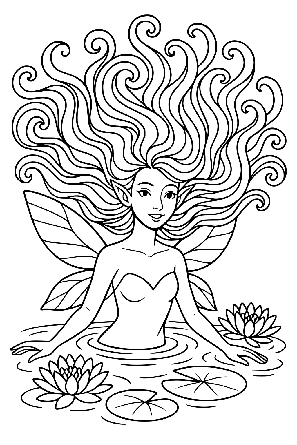 Fairy girl with long swirling hair and leaf wings in a pond with lily pads and lotus flowers, hands making ripples.