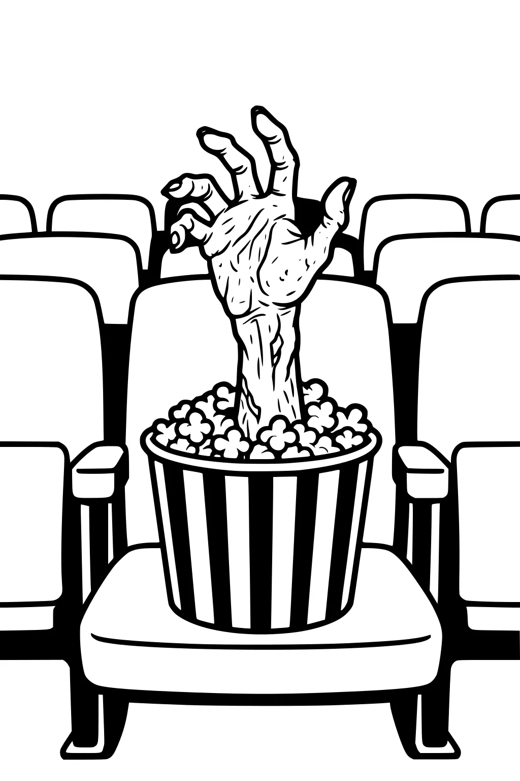 Monster hand rising from striped popcorn bucket on a theater seat, with rows of empty cinema chairs behind.