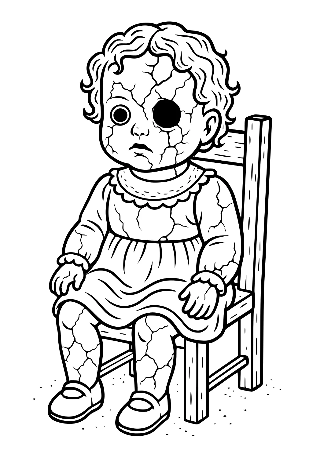 Cracked porcelain girl doll with one empty eye sits on a wooden chair, wearing a frilled dress and Mary Jane shoes.
