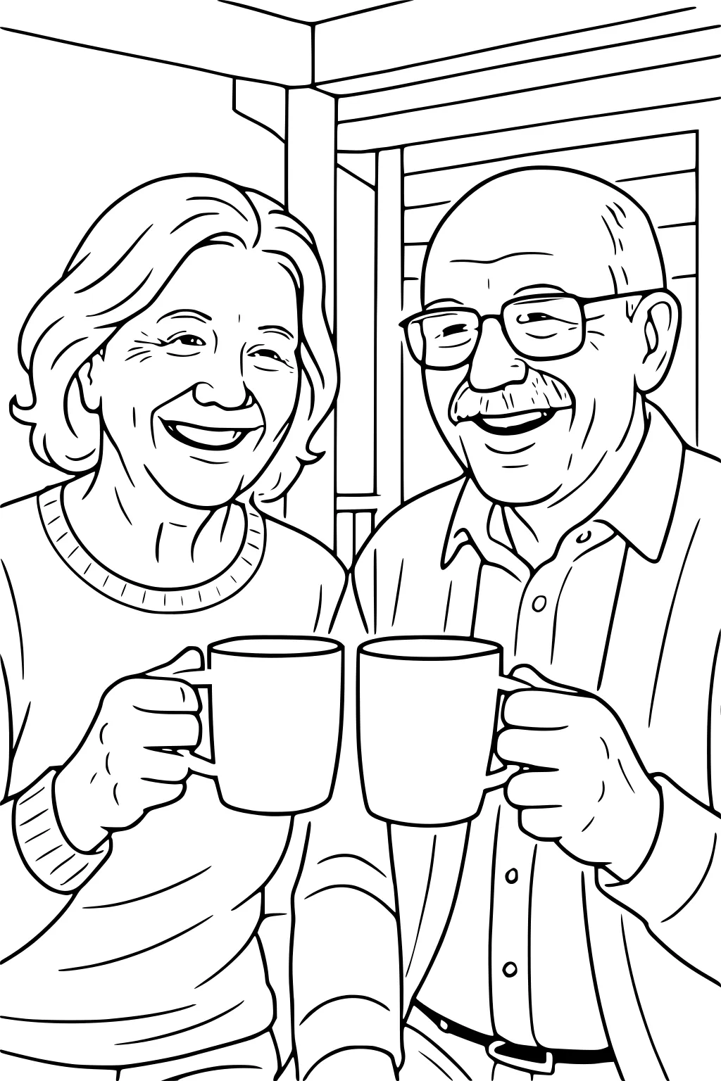 Smiling elderly woman and man on a porch clink mugs; he wears glasses and a collared shirt, she wears a ribbed sweater.