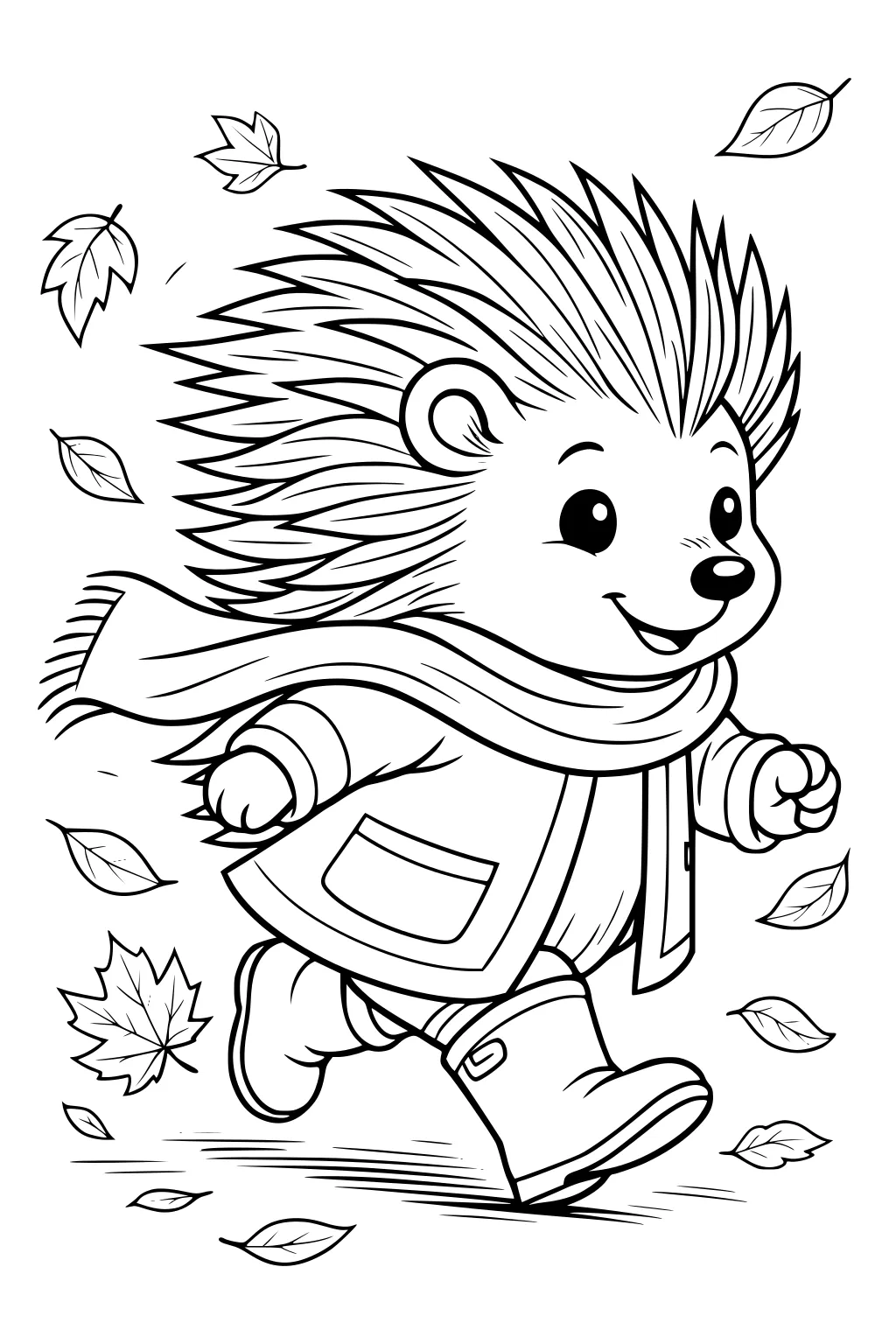 Happy porcupine in a coat, scarf, and boots running with falling leaves swirling all around.