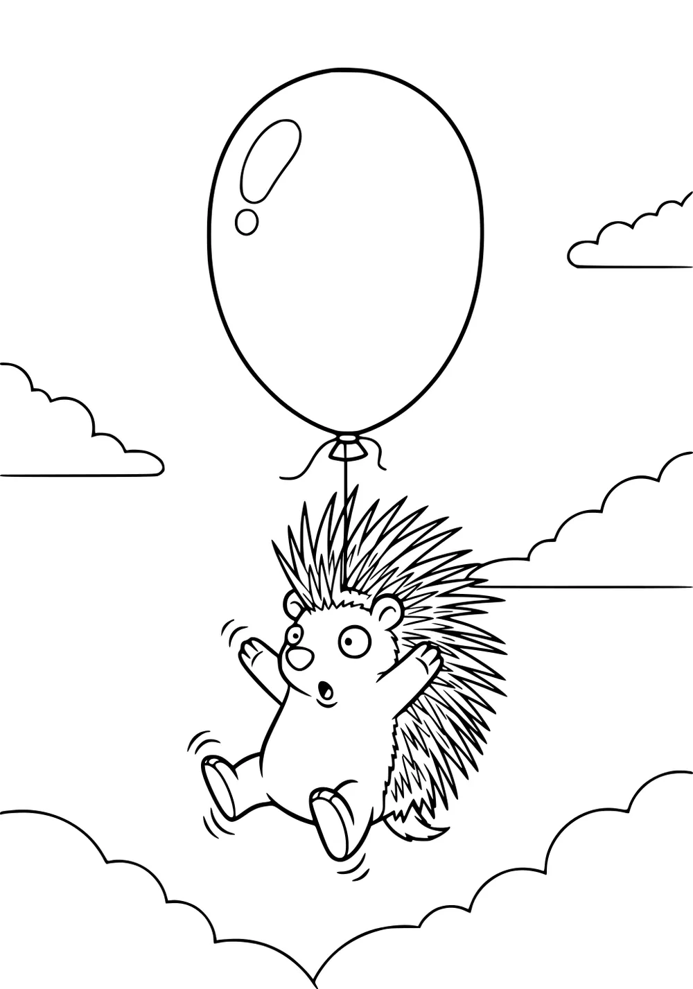 Cartoon porcupine hanging from a large balloon, floating in the sky above fluffy clouds.
