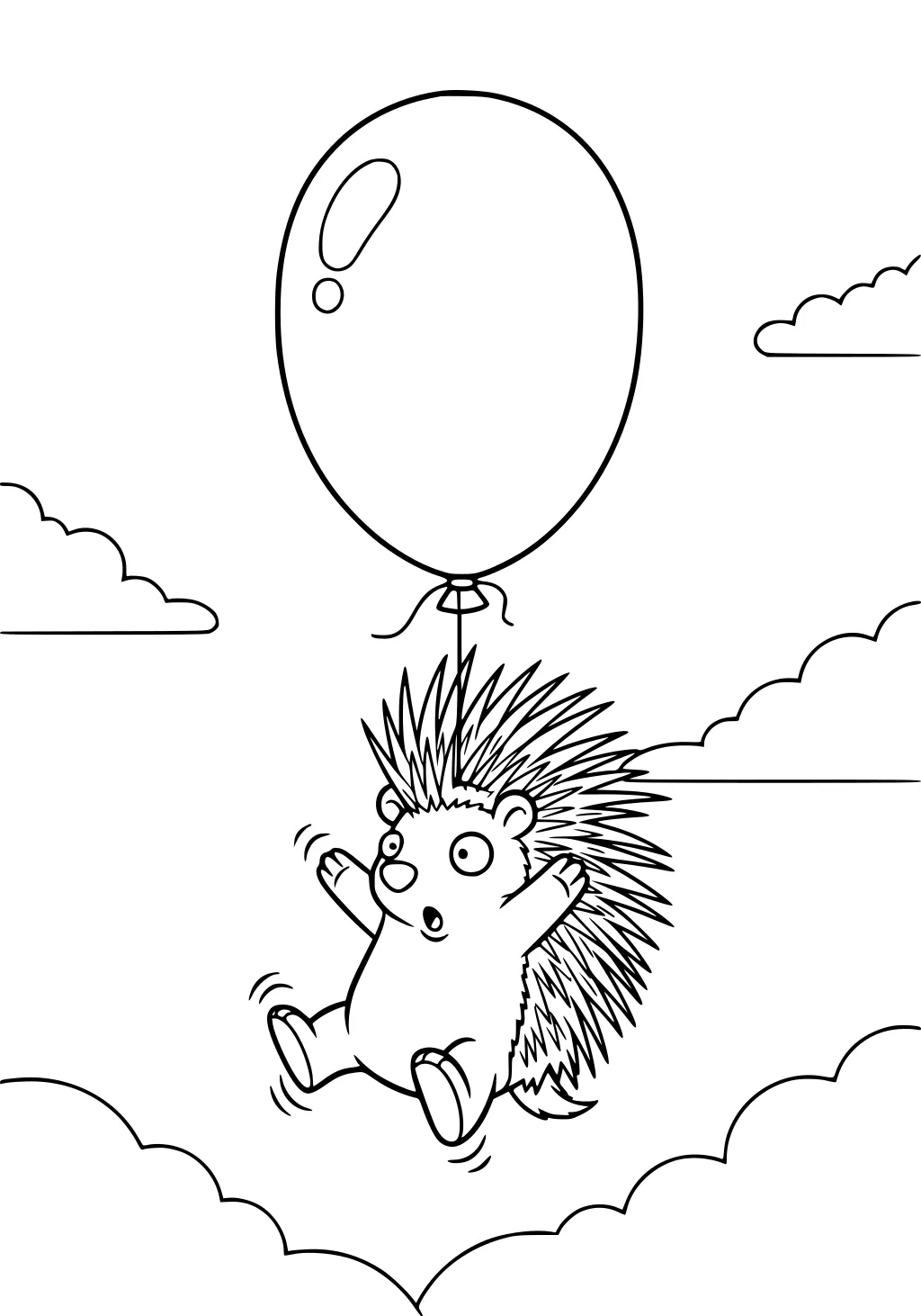 Cartoon porcupine hanging from a large balloon, floating in the sky above fluffy clouds.