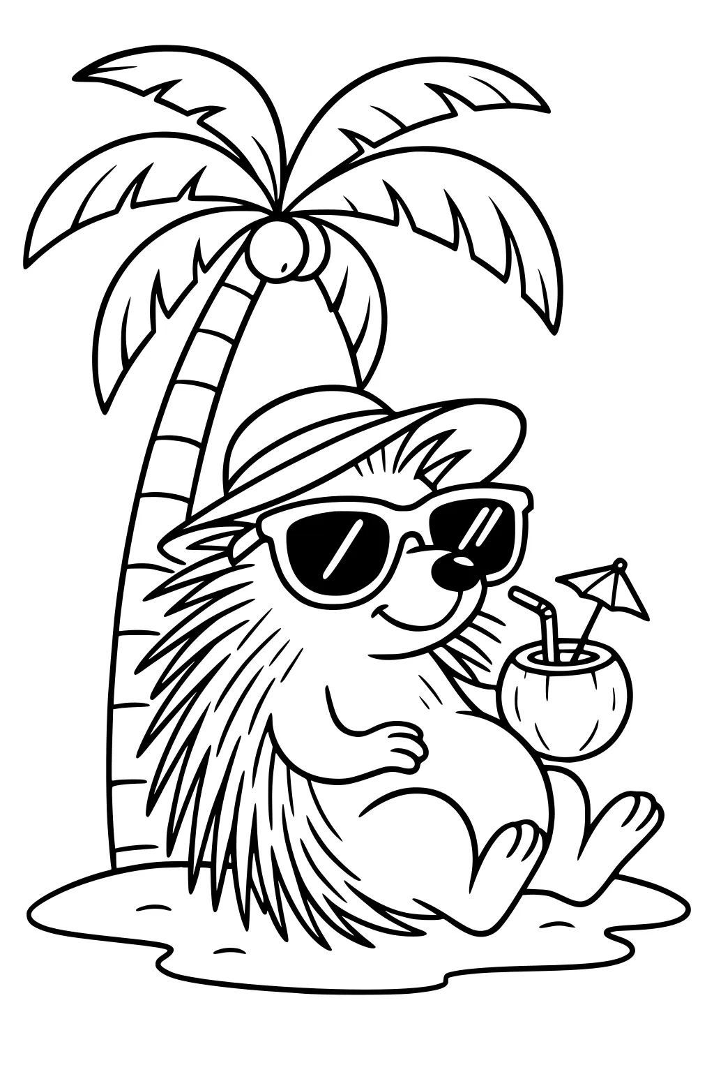 Porcupine wearing sunglasses and a sun hat, relaxing under a palm tree and sipping a coconut drink with a straw.