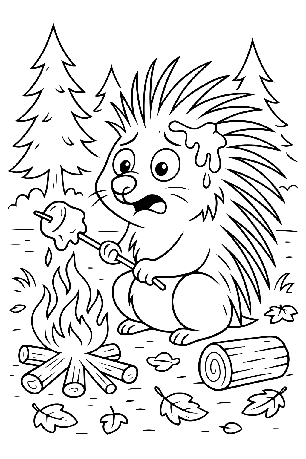 Porcupine sweating and surprised while roasting a melting marshmallow at a campfire in a forest with pine trees and leaves.