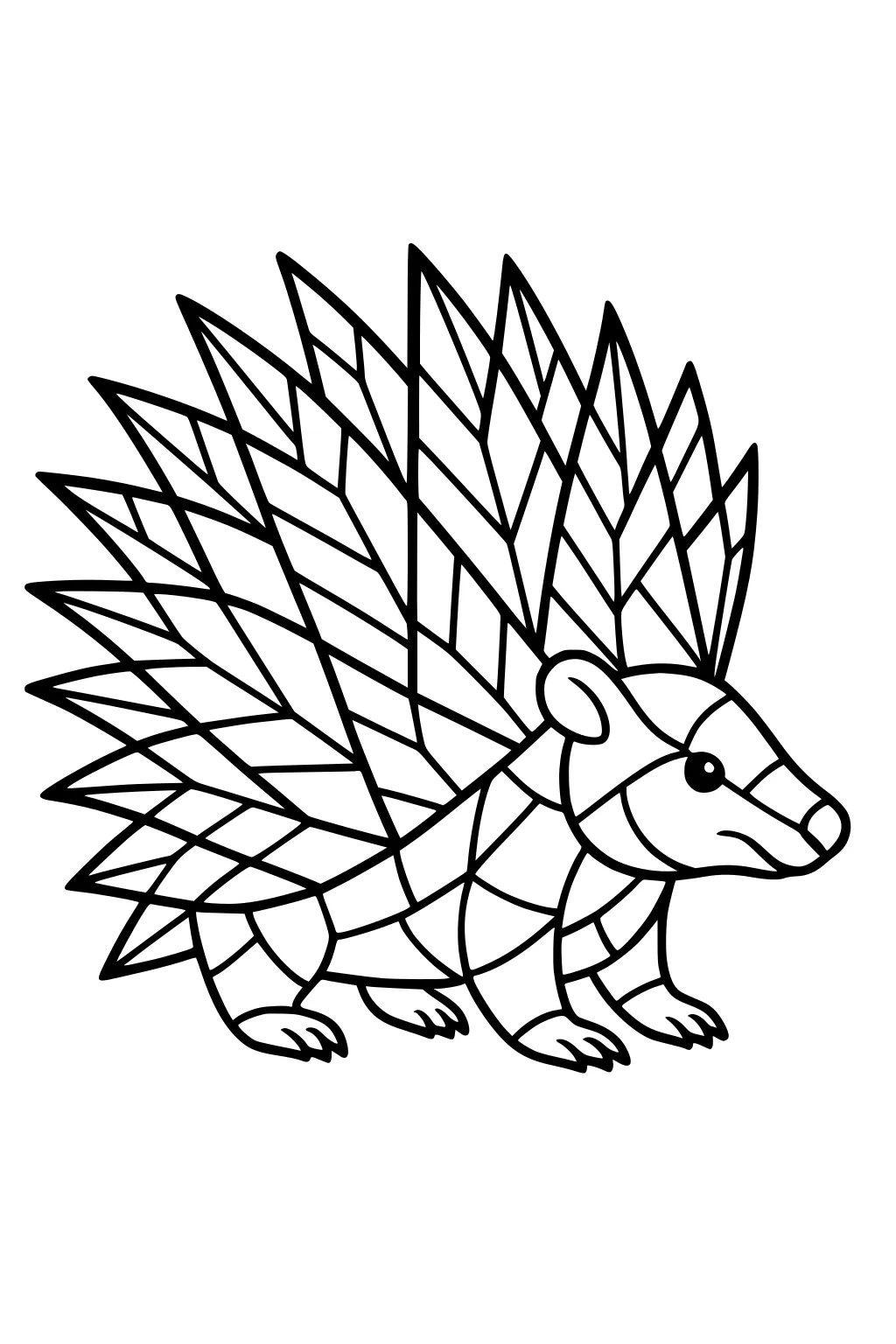 Outlined mosaic-style porcupine with large spiky patterned quills and a rounded body facing right.