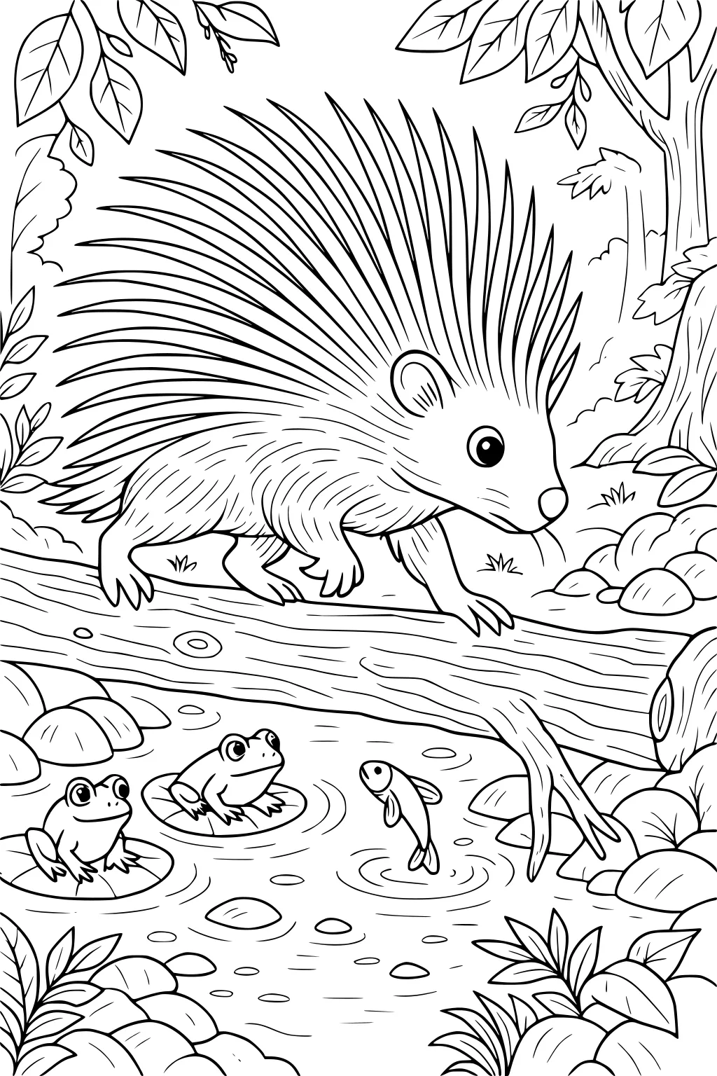 Porcupine walks on a log over a pond with two frogs on lily pads, a fish, leafy trees, rocks, and branches in the background.
