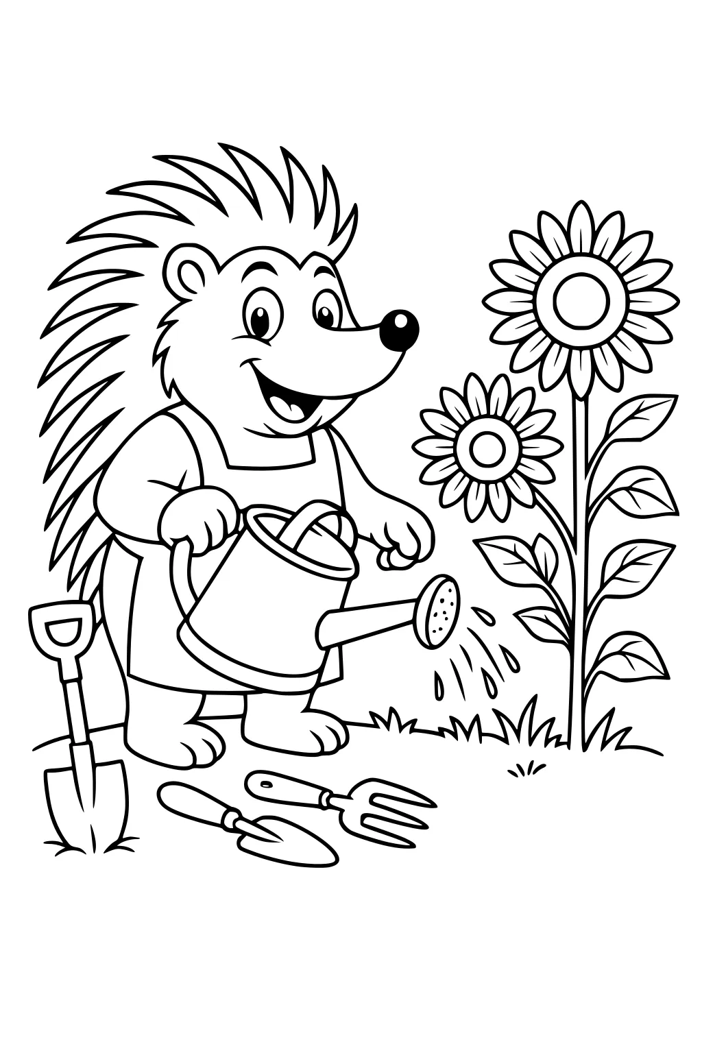 Porcupine in apron watering sunflowers with a watering can and gardening tools on grass.