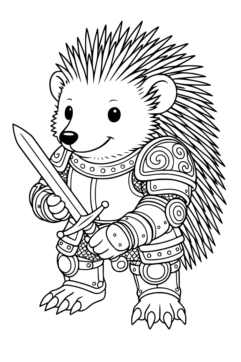 Cartoon porcupine dressed as a knight, holding a sword and wearing detailed armor with spirals and plates.