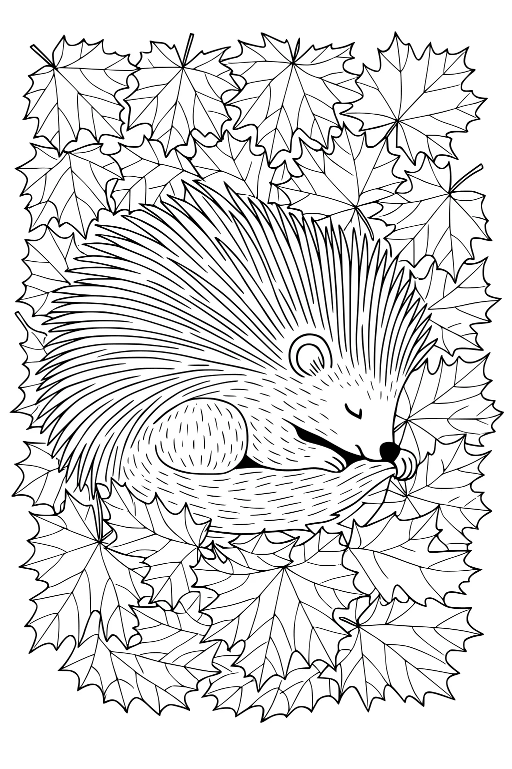 Sleeping porcupine curled up in a ball, surrounded by multiple large, overlapping maple leaves.