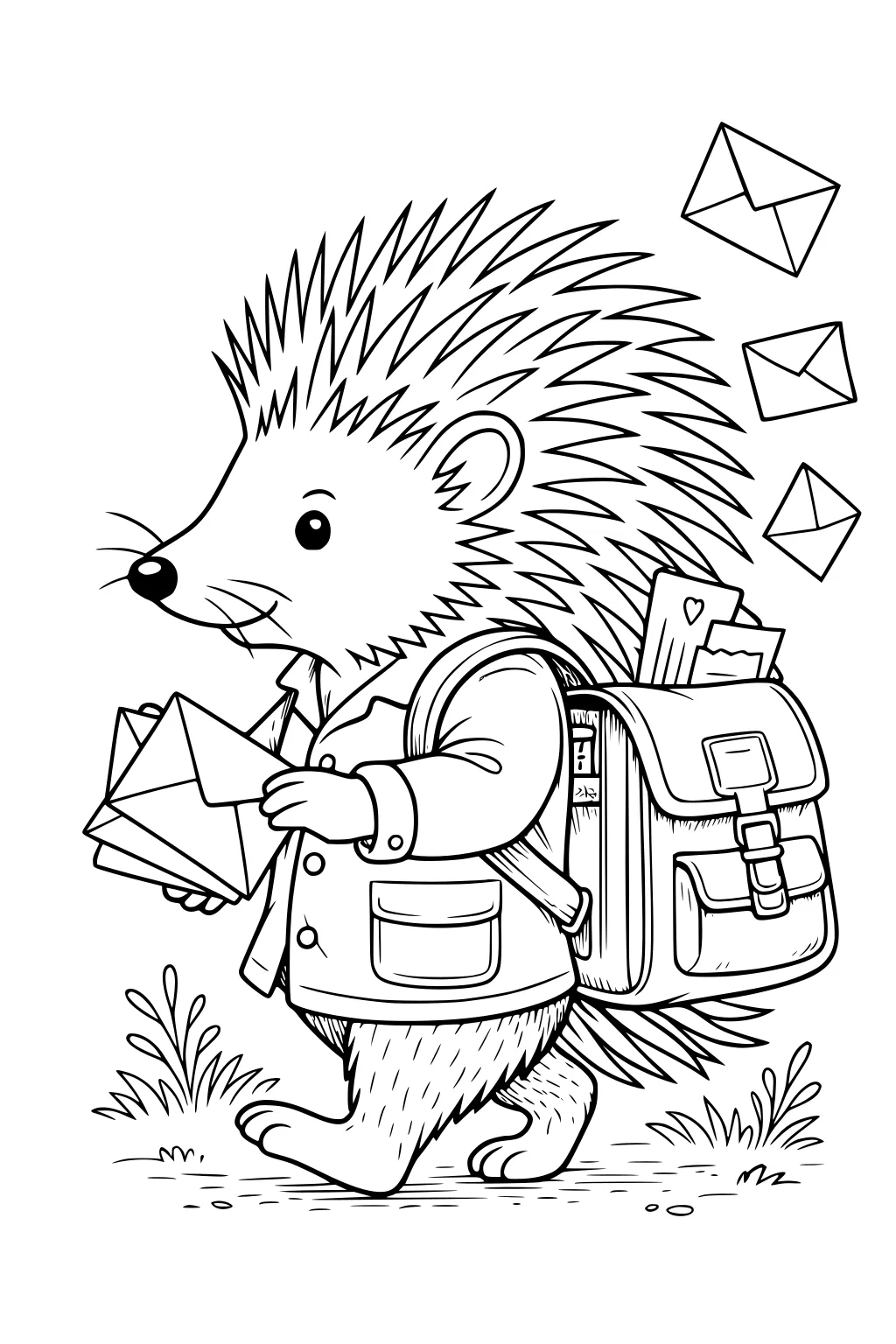 Porcupine in a coat with a satchel, holding envelopes, and letters floating around, surrounded by grass.