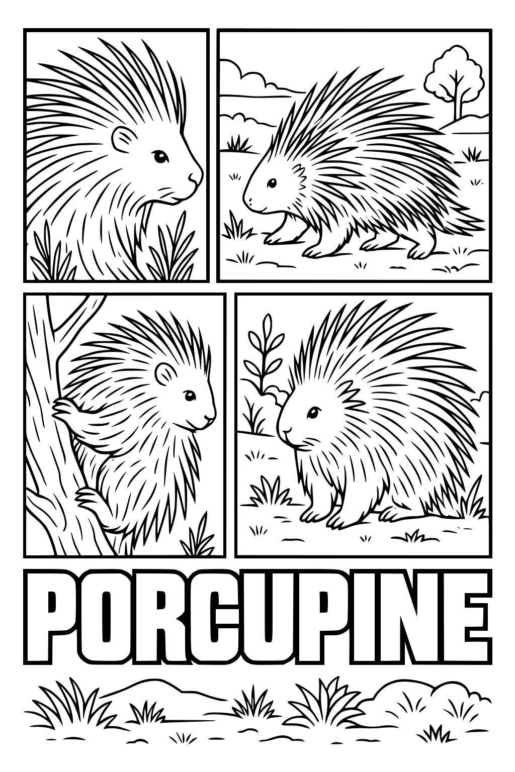 Four cartoon porcupines in grass and near a tree, each in their own frame, with large quills and bold outline text PORCUPINE.