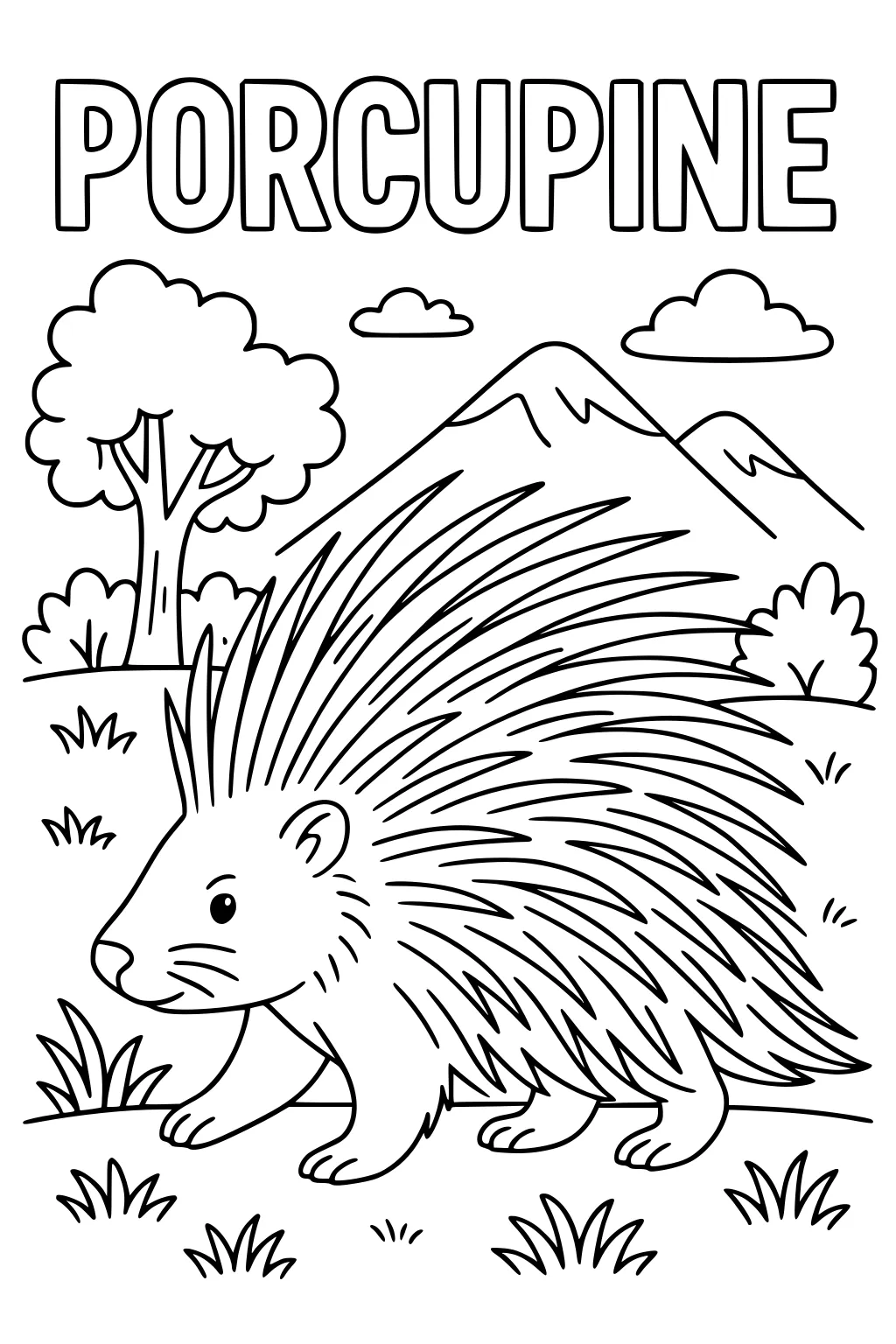 Porcupine with long quills walking in grass. Tree, mountains, bushes, and clouds in the background.