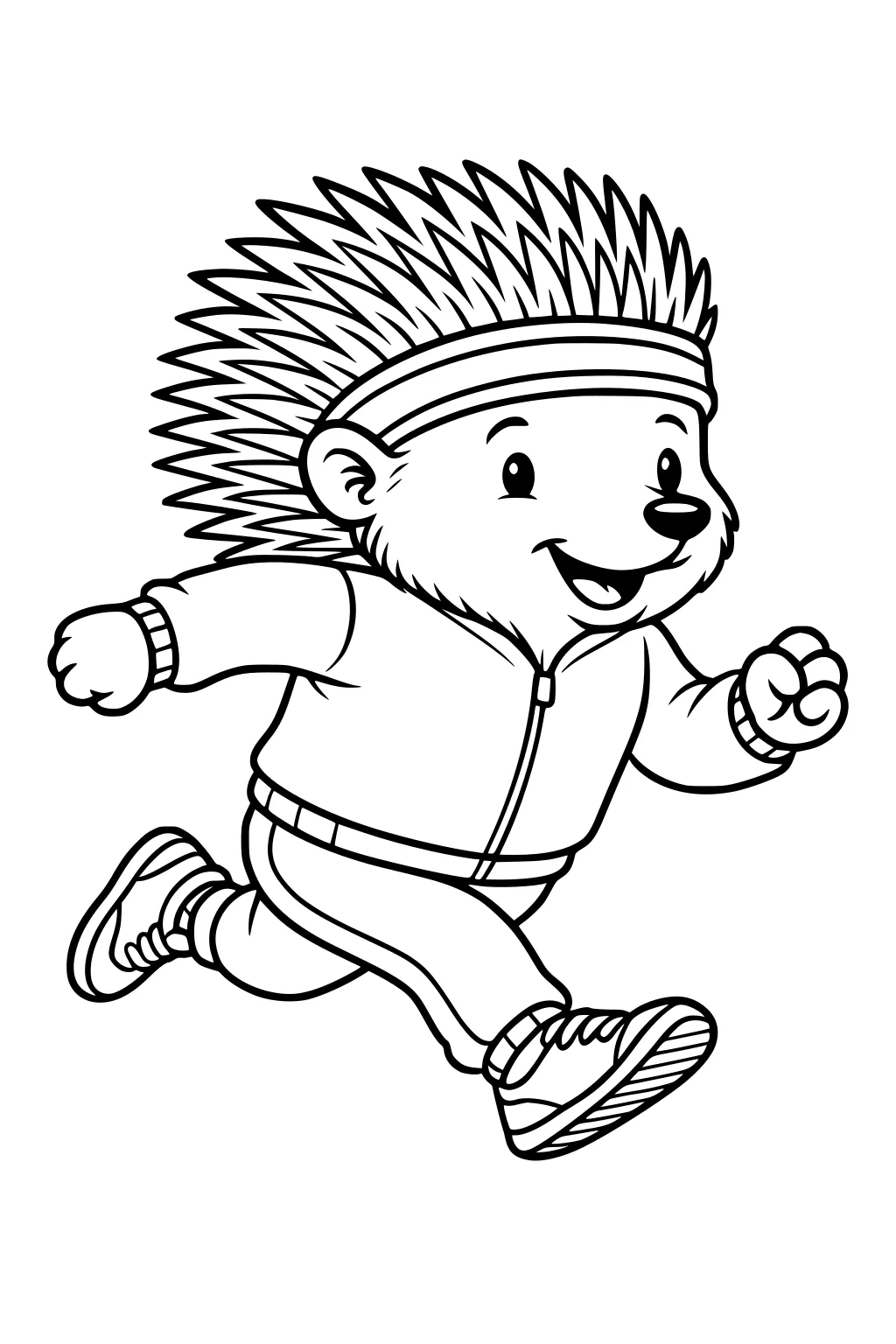 Cartoon porcupine boy in a headband, jacket, and sneakers running with a happy smile and fanned out quills.