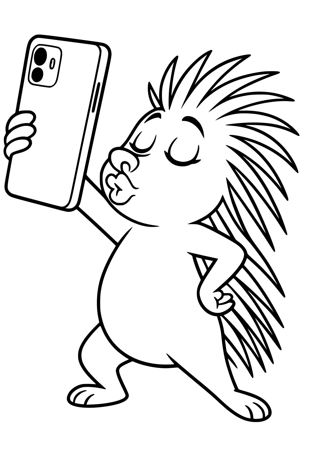 Cartoon porcupine with spiky quills holding a phone, making a kissy face, standing on two feet.
