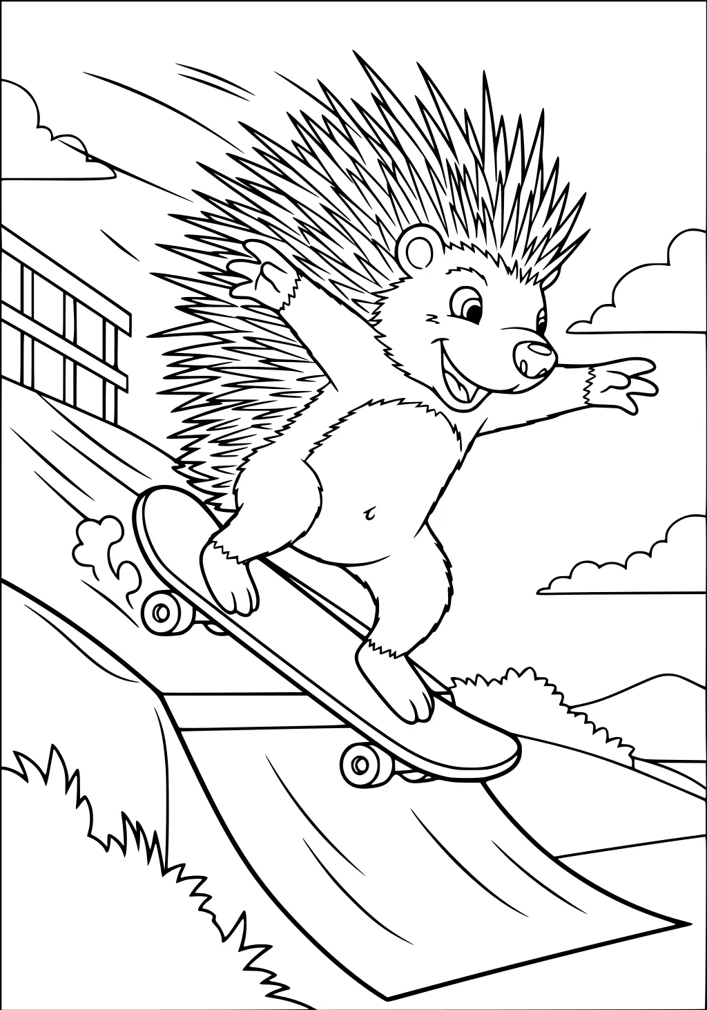 Cartoon porcupine skateboarding down a ramp with arms spread and smiling face, detailed quills, and outdoor scene.