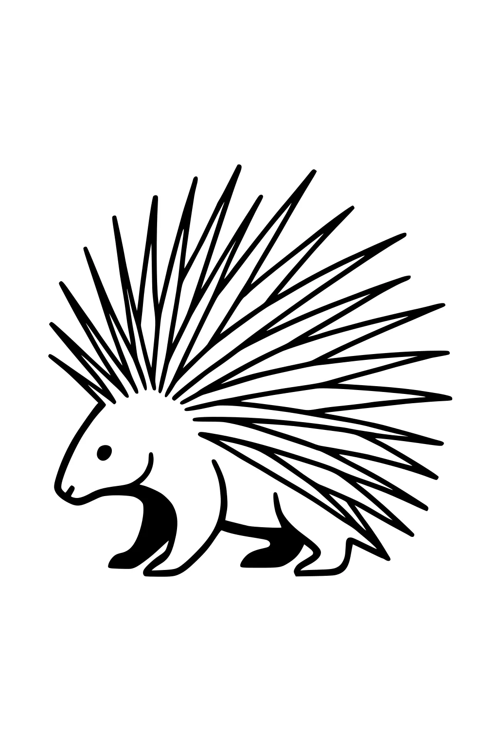 Cartoon porcupine with long, straight quills standing on four legs facing left.