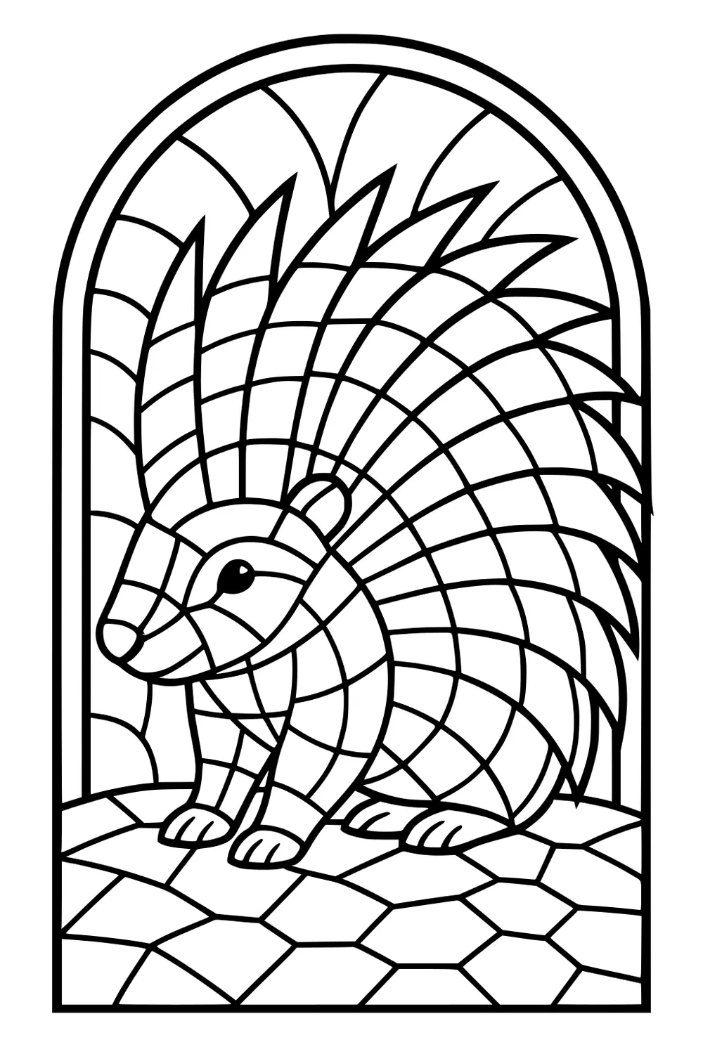 Porcupine with big spiky quills sitting on patterned stones inside an arched window frame, outlined in stained-glass style.