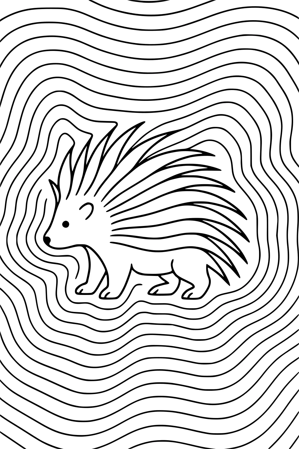 Porcupine with long quills standing among wavy lines in a patterned background, simple cartoon style.