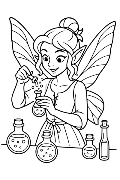 Free Fairy Coloring Page - Potion Mixing in a Magic Lab (Printable PDF)