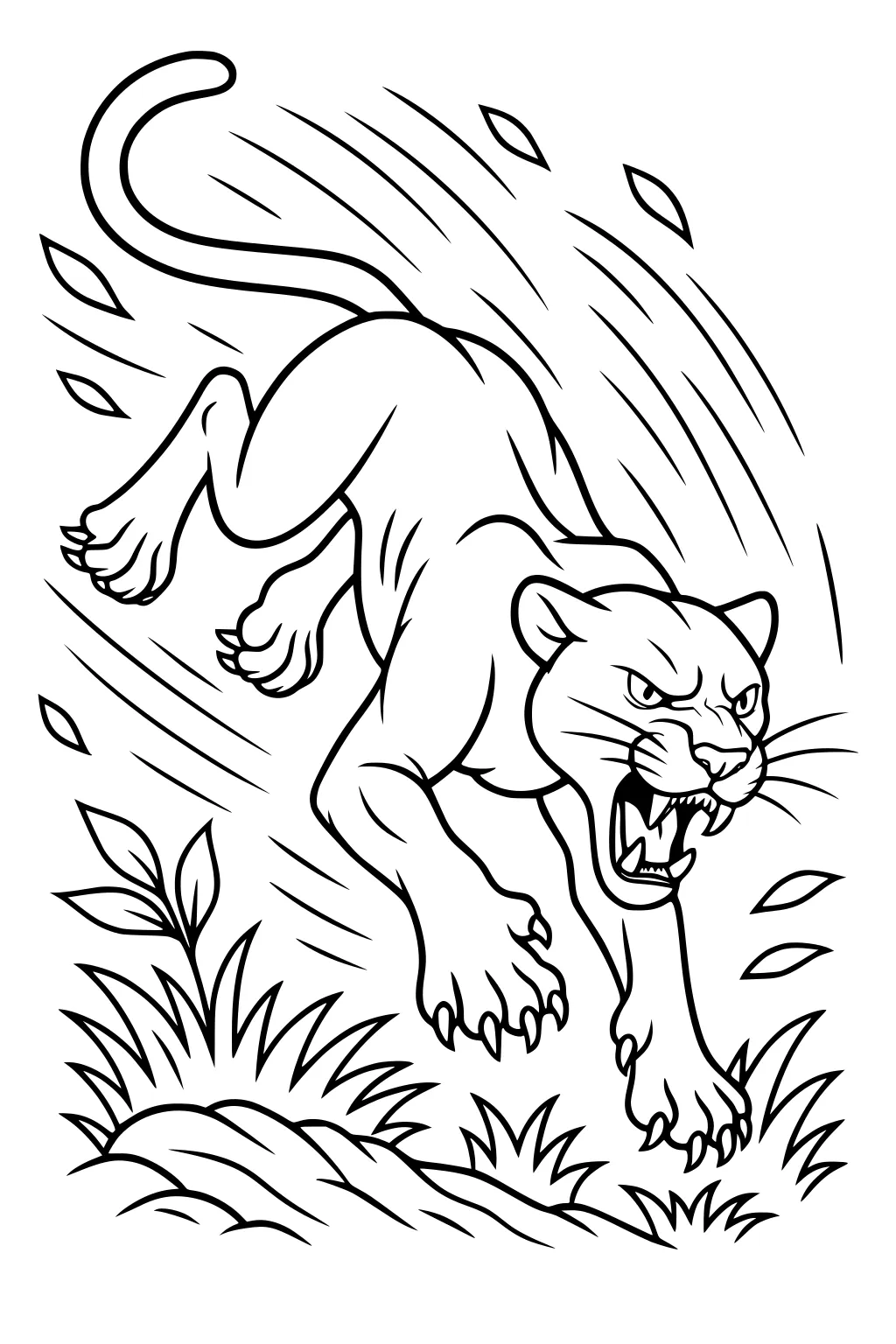 Leaping panther with open mouth and claws, surrounded by swaying grass, leaves, and lines showing fast movement.