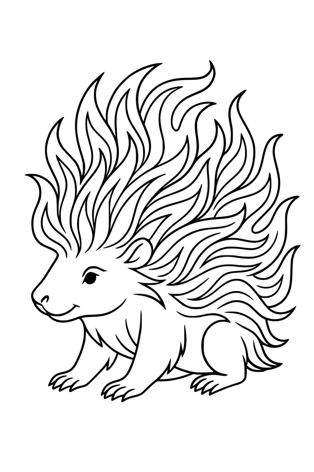 Cartoon porcupine with big, flowing quills and a friendly face, sitting on all fours.