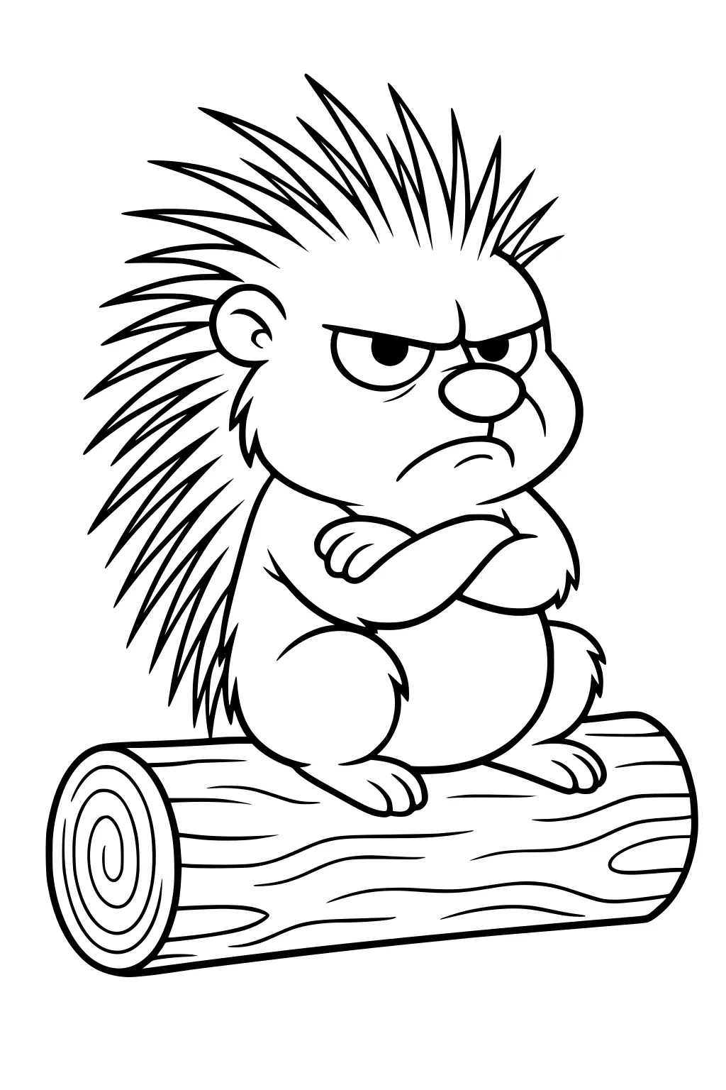Cartoon porcupine with spiky quills sits frowning on a log, arms crossed and cheeks puffed out in a grumpy expression.