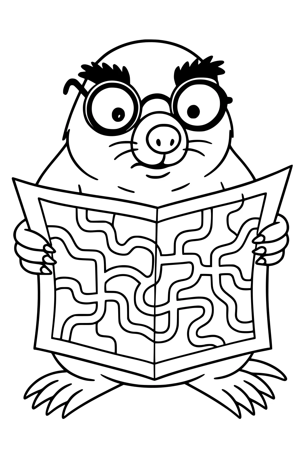Mole with big glasses and bushy eyebrows holding a maze map with wavy paths, standing upright and looking at the paper.
