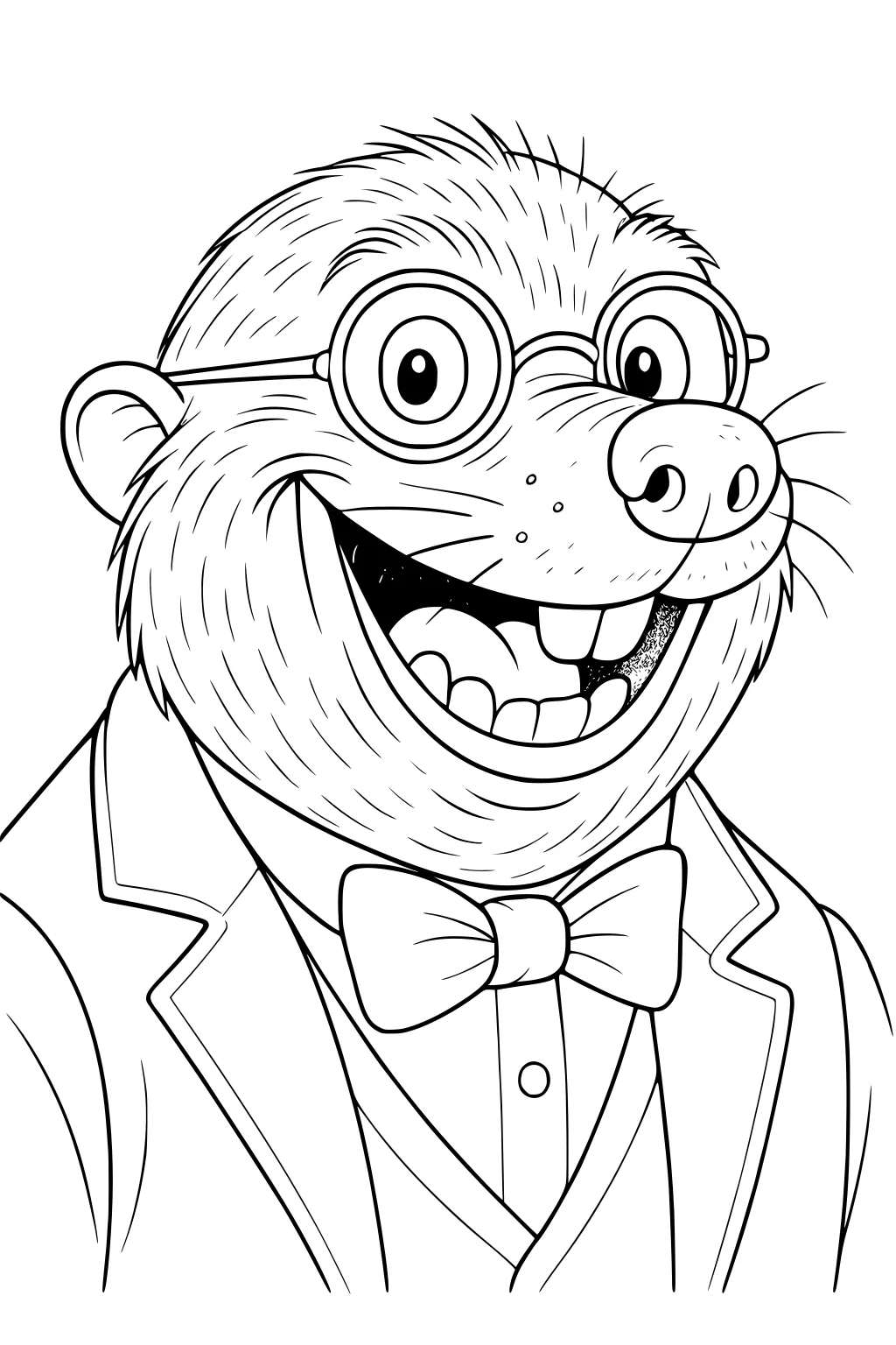 Cartoon mole with glasses, bow tie and jacket, smiling with mouth open and big teeth showing.