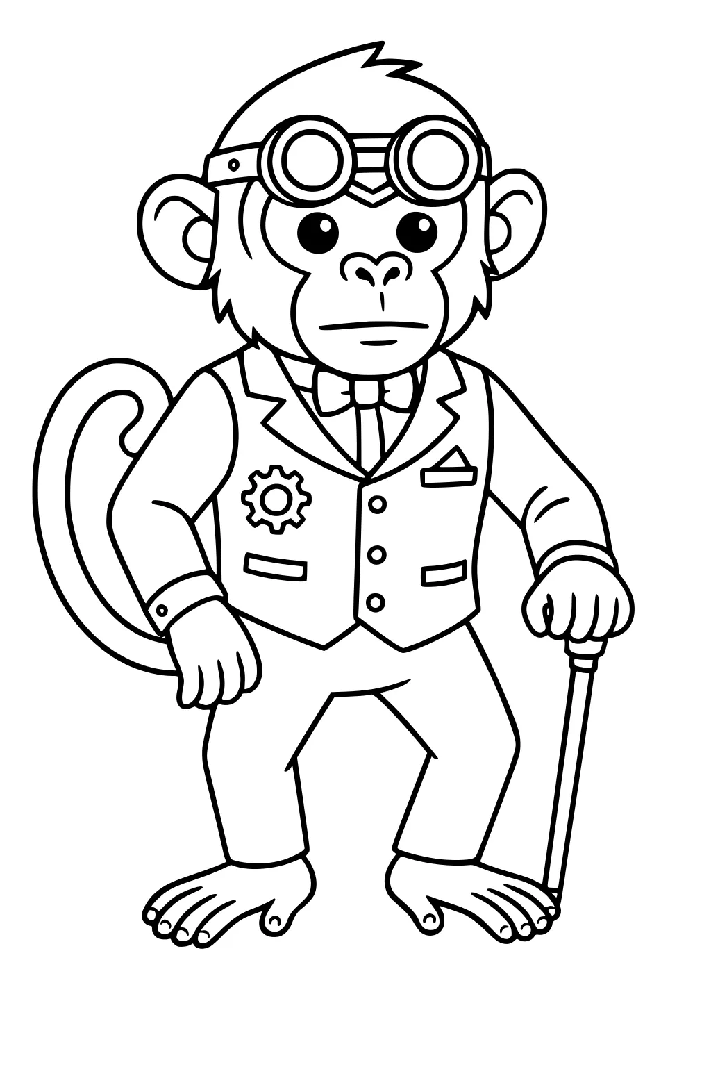 Monkey in vest and goggles holding a cane, wearing bow tie and standing upright.