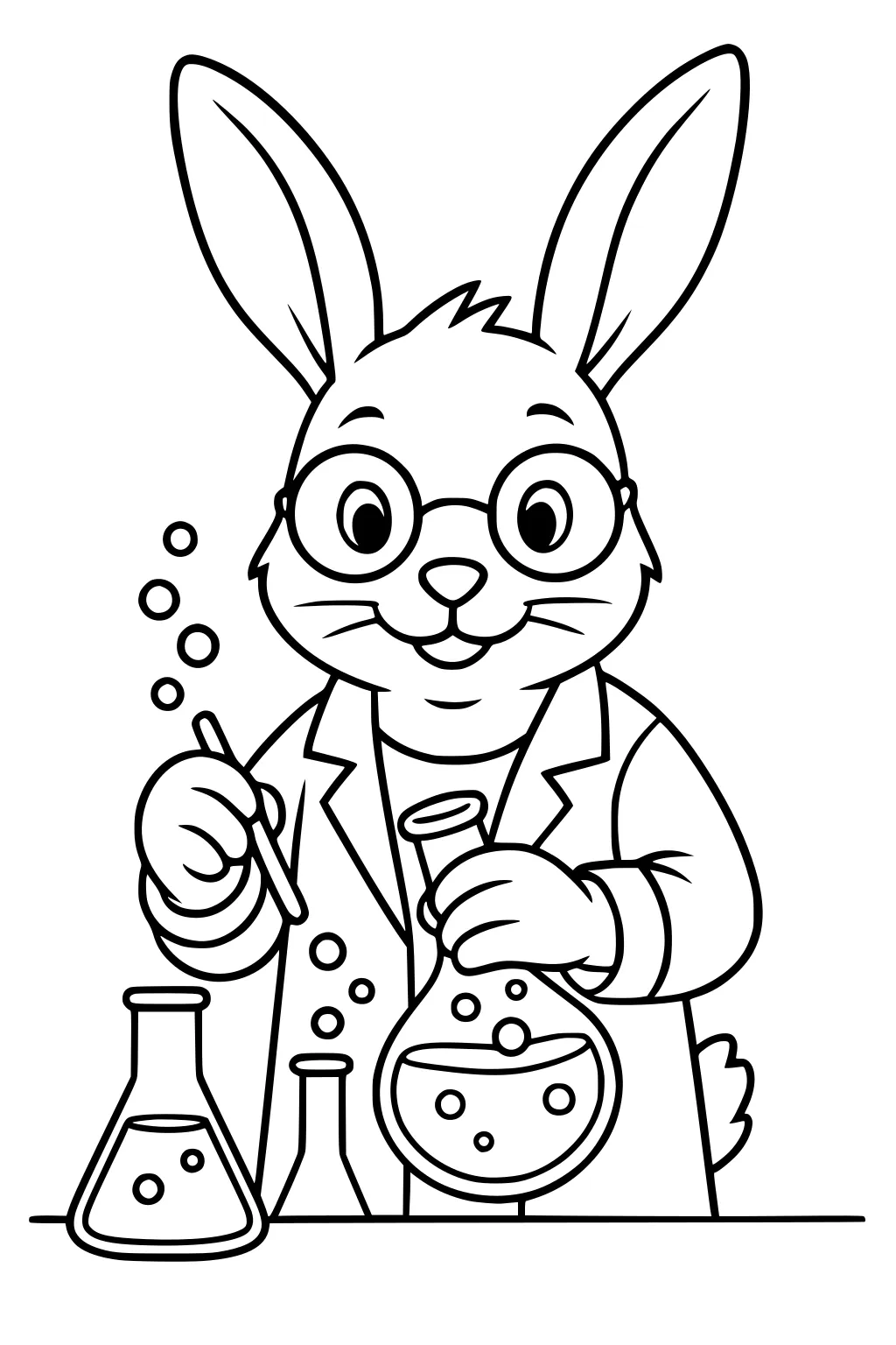 Rabbit in glasses and lab coat stirring bubbling flasks on a science lab table.