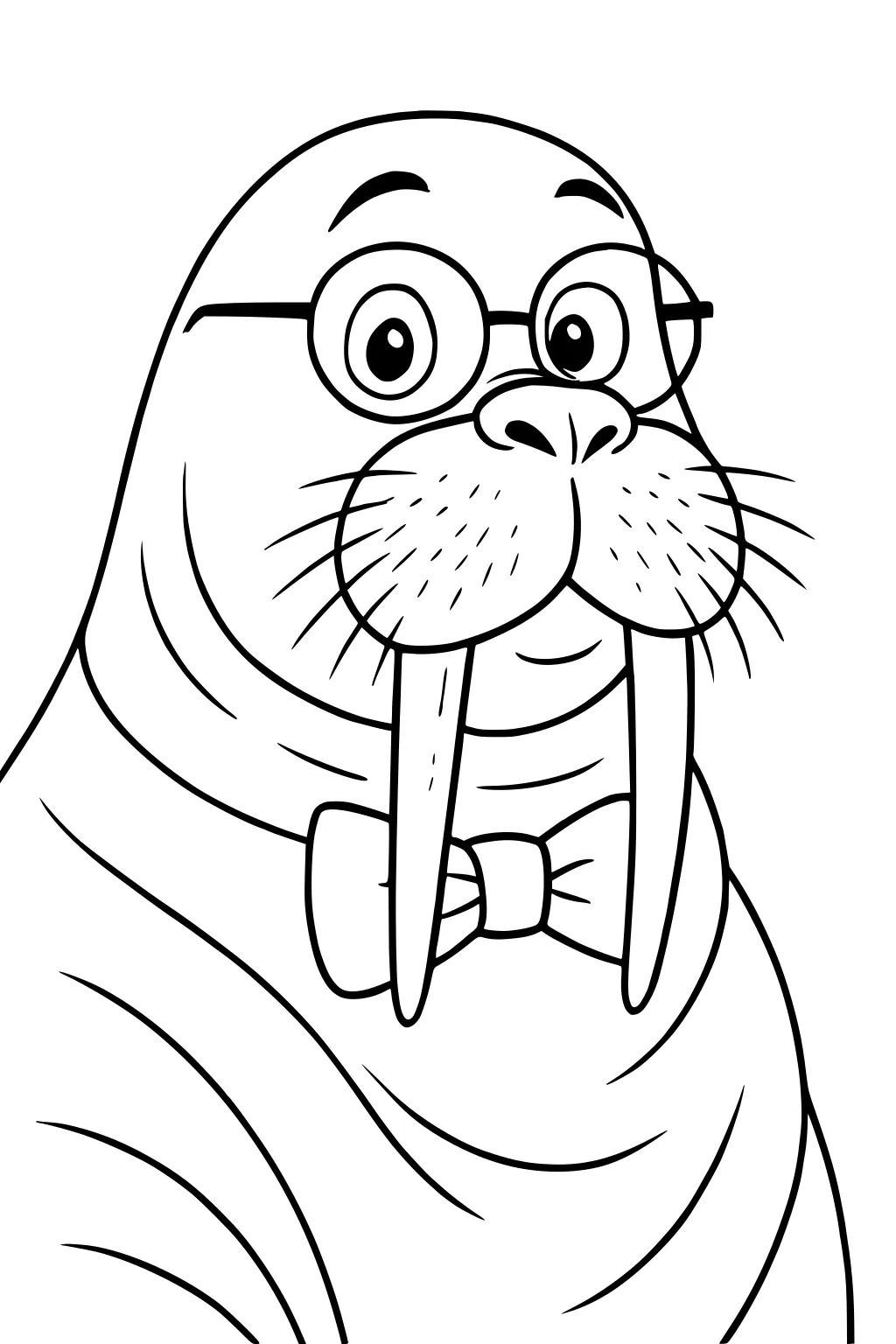 Cartoon walrus with glasses, long tusks, a bow tie, and whiskers facing forward