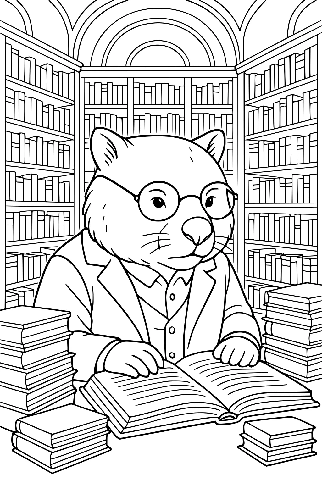 Wombat in glasses and a suit reading an open book at a desk, surrounded by tall library shelves and piles of books.