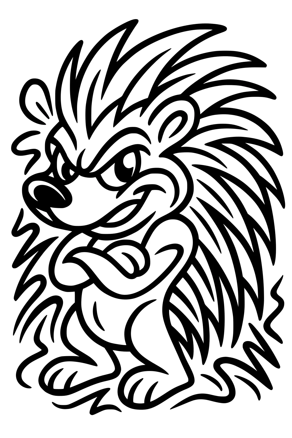 Cartoon porcupine with crossed arms, big spiky quills, round ears, and a playful, confident face.