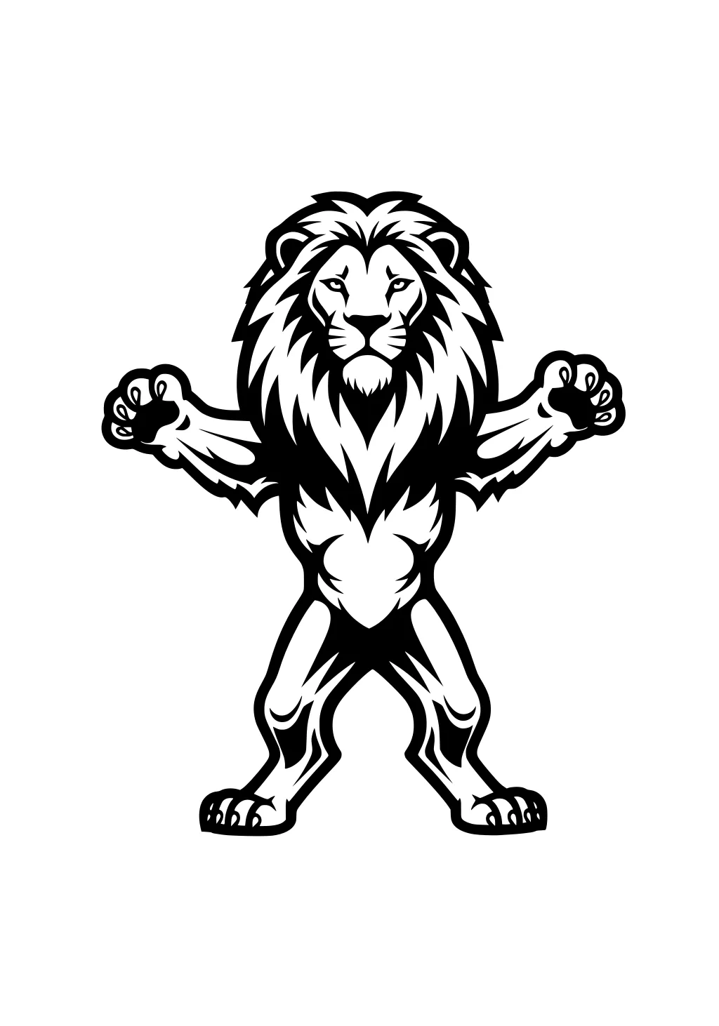 Standing cartoon lion with large mane and front paws raised, facing forward in bold outline.