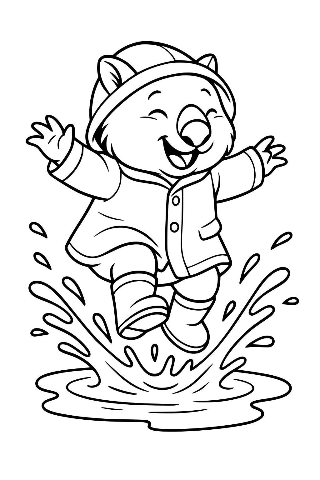 Happy cartoon wombat in raincoat and boots jumping into a big puddle, arms up, water splashes around, wearing a beanie.