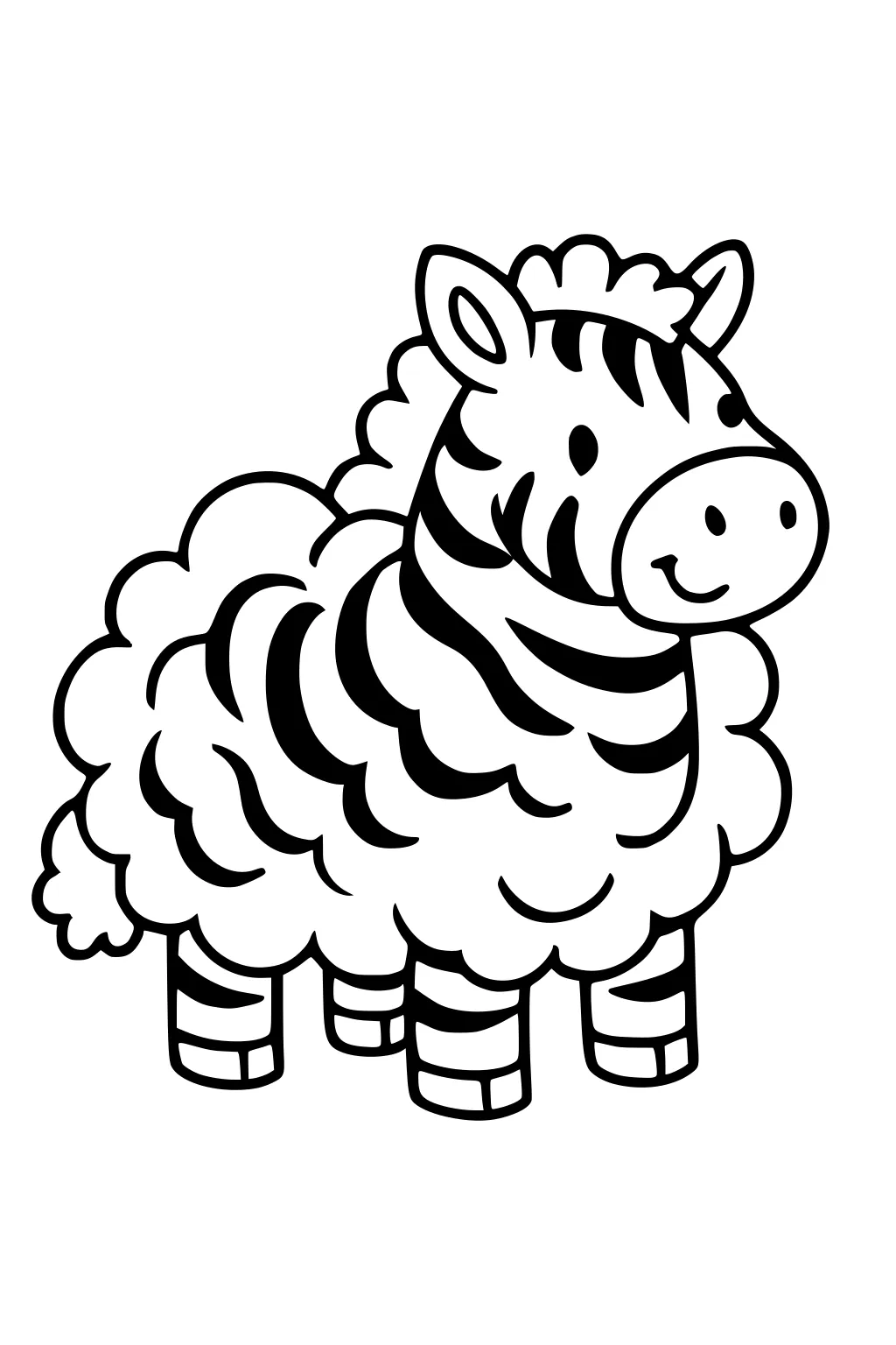 Smiling cartoon zebra with fluffy cloud body, bold stripes, perky ears, and short striped legs.