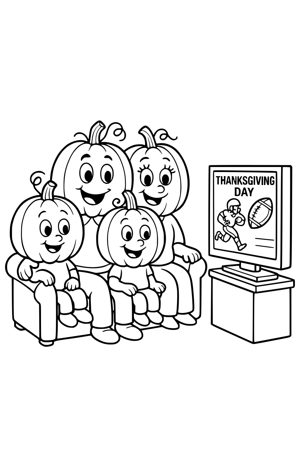 Pumpkin parents with a son and daughter sit on a sofa watching a TV that reads Thanksgiving Day with a football player.