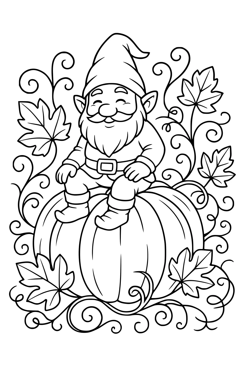 Smiling bearded gnome with pointy hat sits on a big pumpkin, surrounded by curling vines and maple leaves.