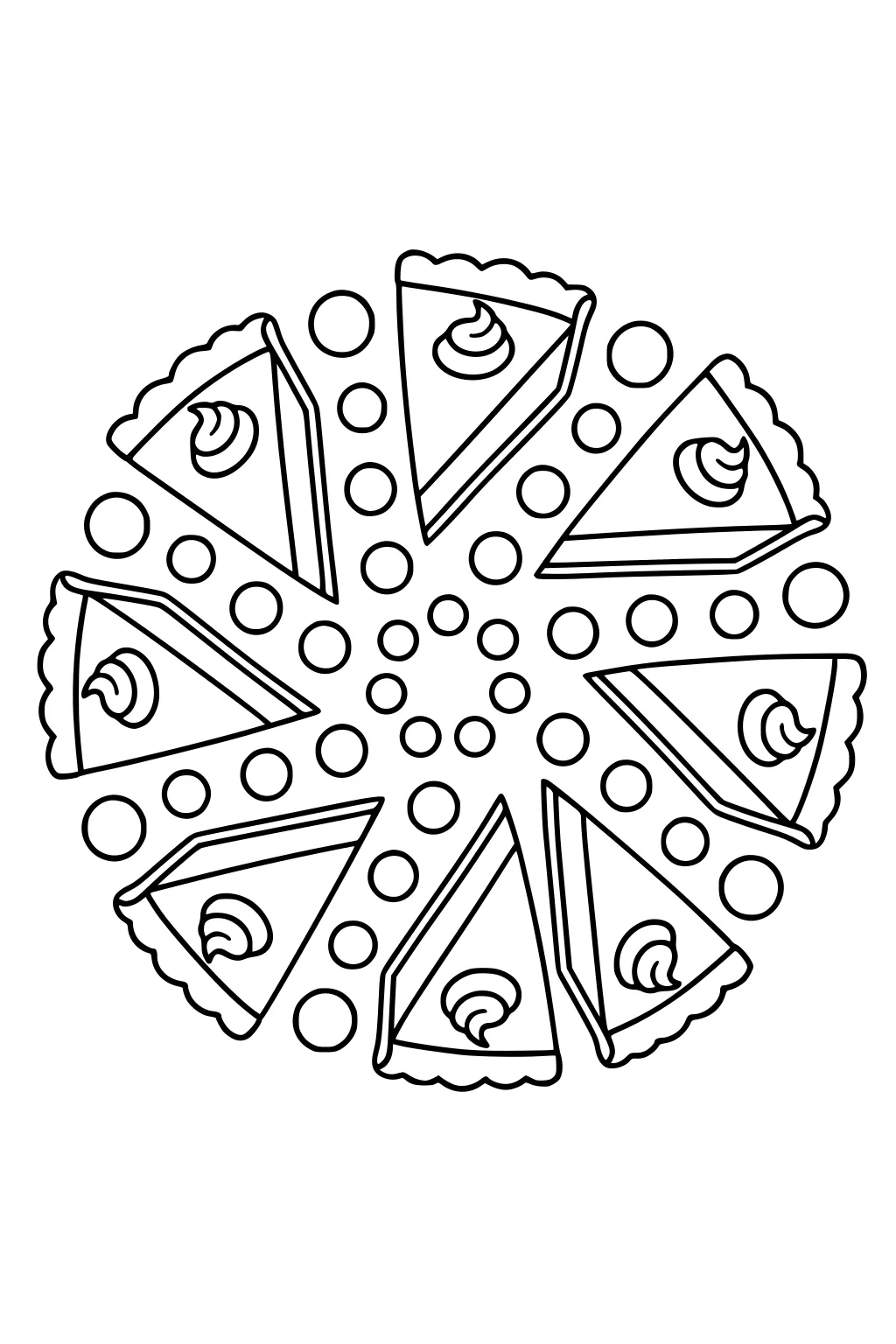 Mandala circle of eight pumpkin pie slices with whipped cream dollops, surrounded by small dots in simple black outlines.