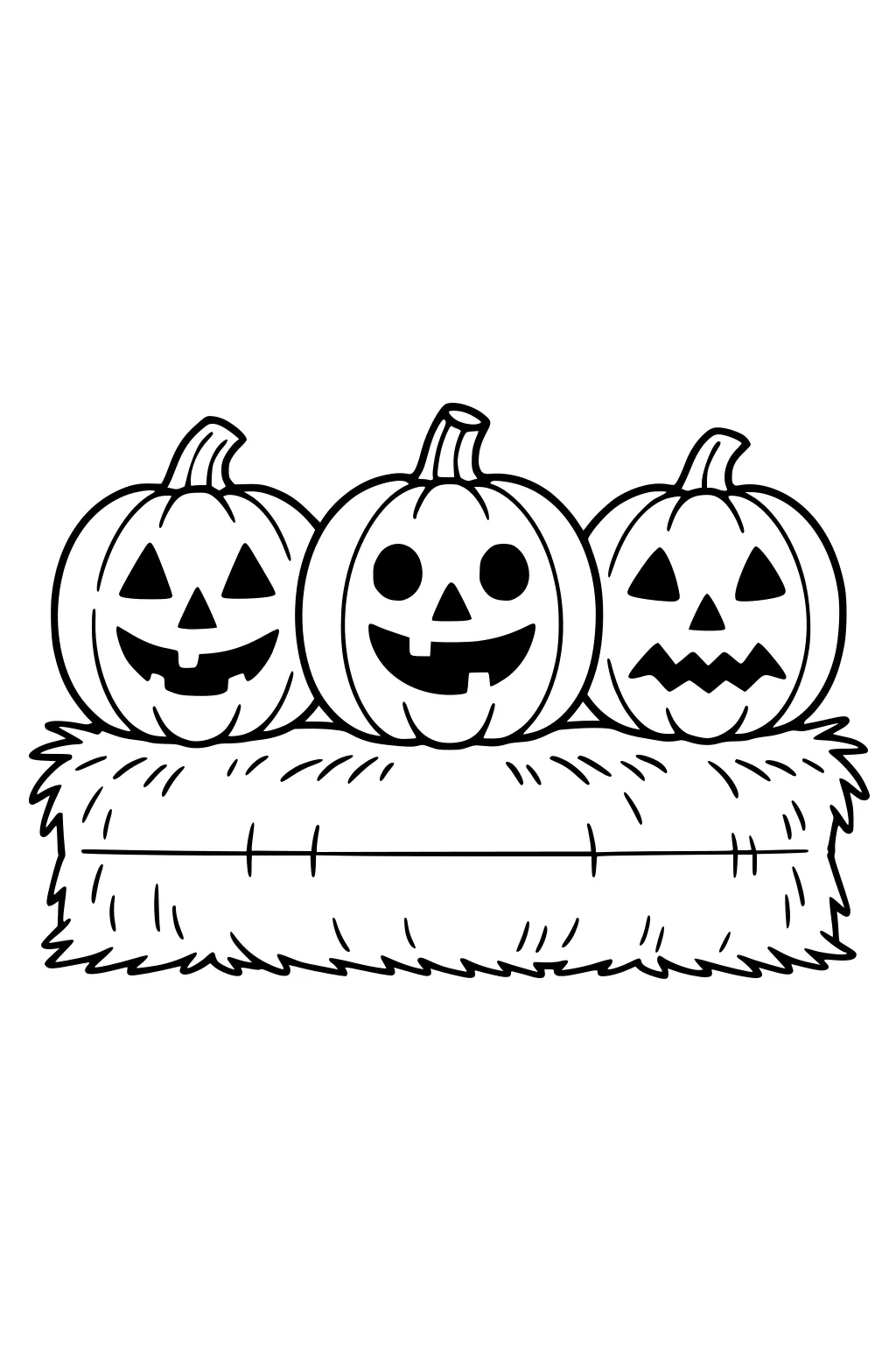 Three carved pumpkins with different faces sit on a hay bale; bold outlines create a simple Halloween jack-o-lantern scene.
