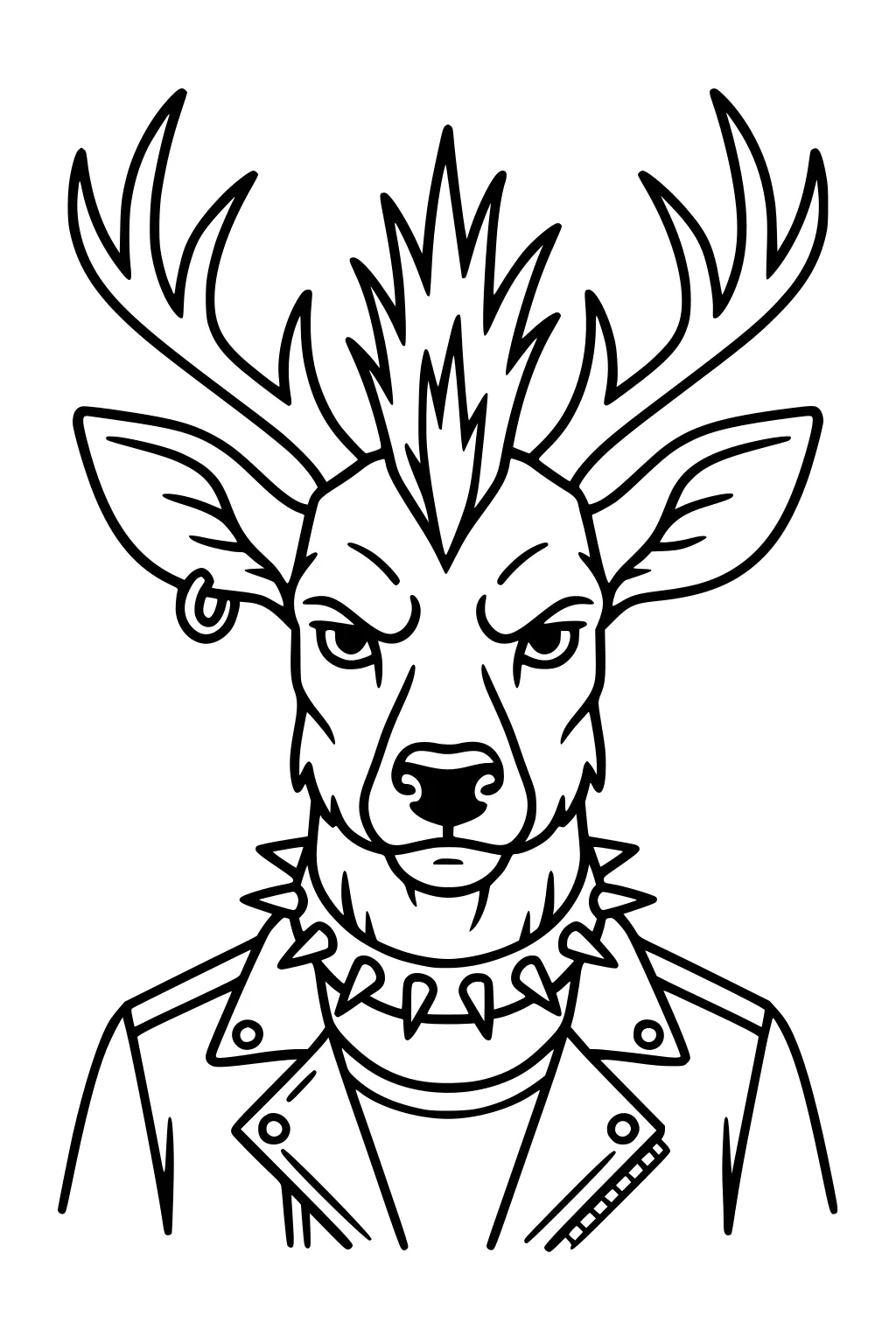 Deer with a mohawk, earring, spiked collar, and punk jacket facing forward.