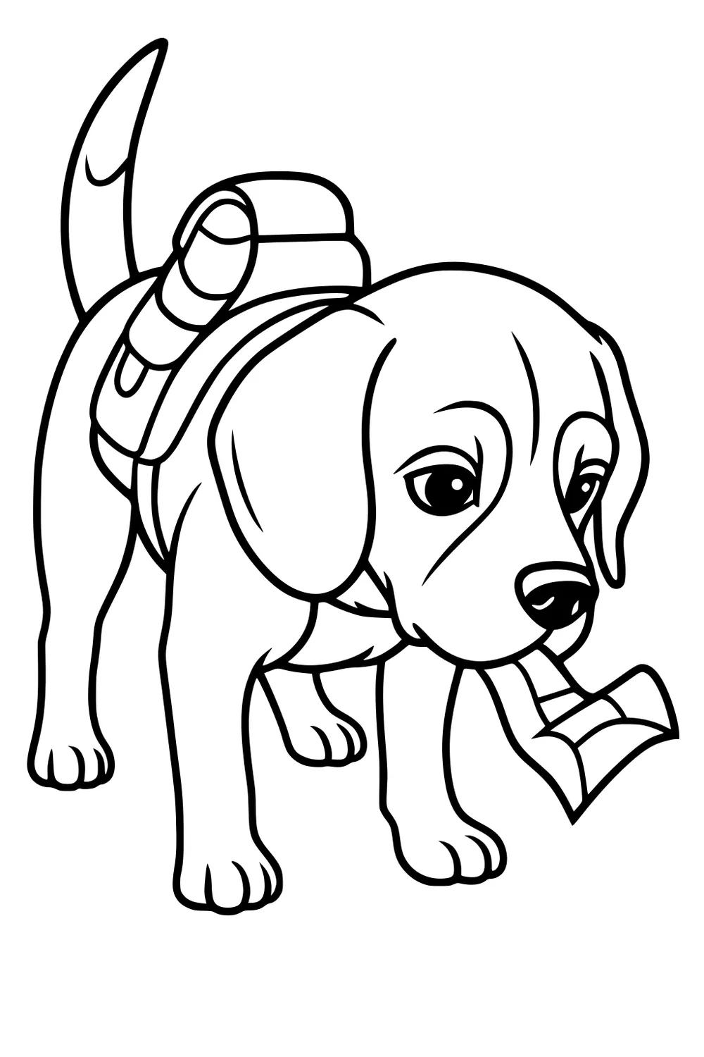 Cartoon puppy with backpack and map in mouth, standing and looking ahead.